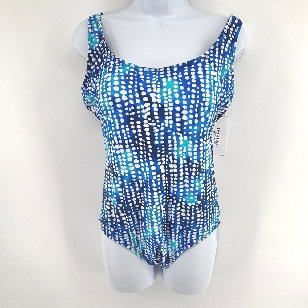 Swimsuits For All 1-Piece Swimsuit Blue White Dot Sz 14 Coastal Resort Beach NEW